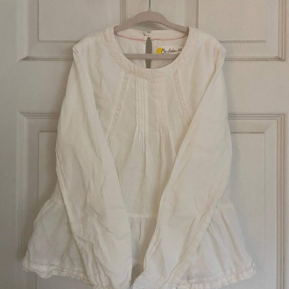 Mini Boden White Long-Sleeve Peplum Top Frilly Easter Top Size 8-9 Years